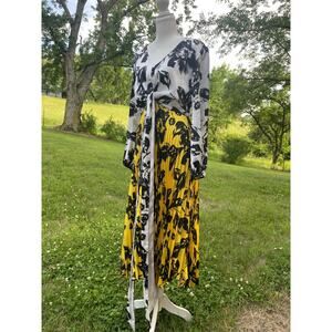 DELFI Collective XS Floral Pleated Dress Yellow Black Long Sleeve Midi Made USA